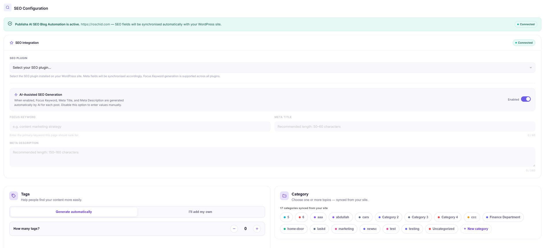 Publisha SEO configuration screen with AI-assisted meta fields